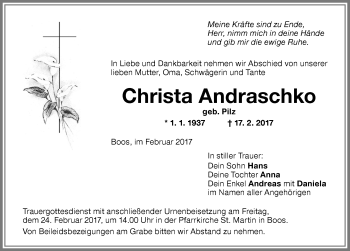 Traueranzeige von Christa Andraschko von Memminger Zeitung
