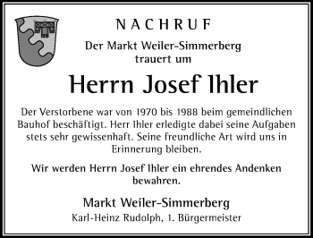 Traueranzeige von Josef Ihler von Der Westallgäuer