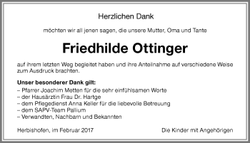 Traueranzeige von Friedhilde Ottinger von Memminger Zeitung
