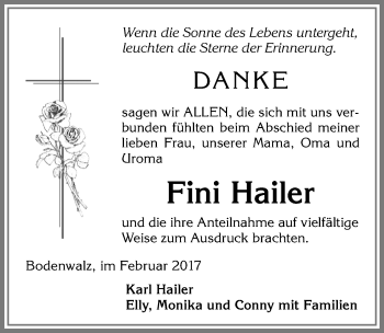 Traueranzeige von Fini Hailer von Allgäuer Zeitung,Kempten