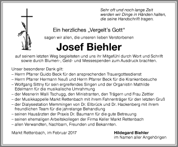 Traueranzeige von Josef Biehler von Memminger Zeitung