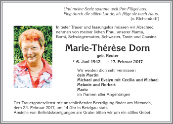 Traueranzeige von Marie-Thérèse Dorn von Allgäuer Zeitung,Kempten