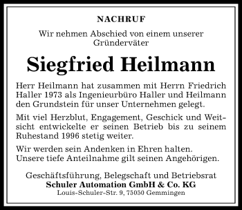 Traueranzeige von Siegfried Heilmann von Allgäuer Anzeigeblatt