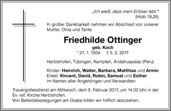 Traueranzeige von Friedhilde Ottinger von Memminger Zeitung