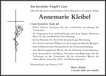 Traueranzeige von Annemarie Kleibel von Der Westallgäuer