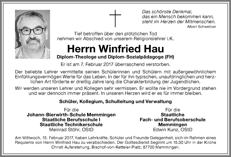  Traueranzeige für Winfried Hau vom 10.02.2017 aus Memminger Zeitung