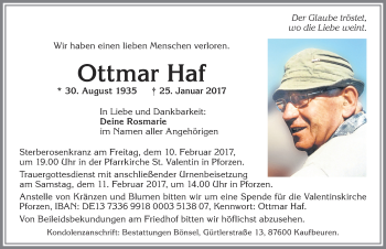 Traueranzeige von Ottmar Haf von Allgäuer Zeitung, Kaufbeuren/Buchloe