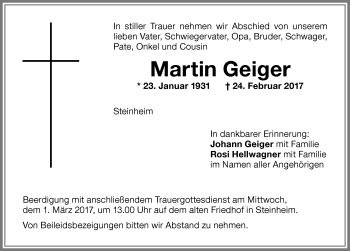 Traueranzeige von Martin Geiger von Memminger Zeitung