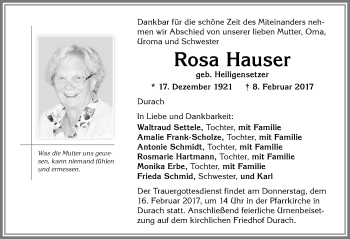 Traueranzeige von Rosa Hauser von Allgäuer Zeitung,Kempten