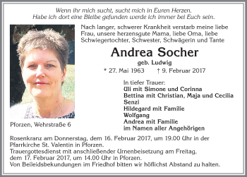 Traueranzeige von Andrea Socher von Allgäuer Zeitung, Kaufbeuren/Buchloe