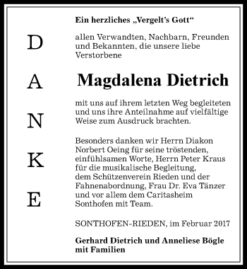 Traueranzeige von Magdalena Dietrich von Allgäuer Anzeigeblatt