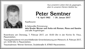 Traueranzeige von Peter Semtner von Allgäuer Zeitung, Kaufbeuren/Buchloe