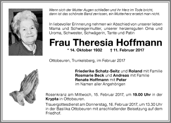Traueranzeige von Theresia Hoffmann von Memminger Zeitung