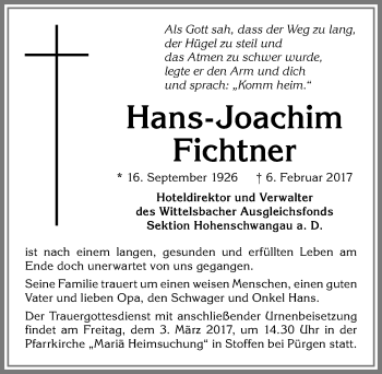 Traueranzeige von Hans-Joachim Fichtner von Allgäuer Zeitung, Füssen