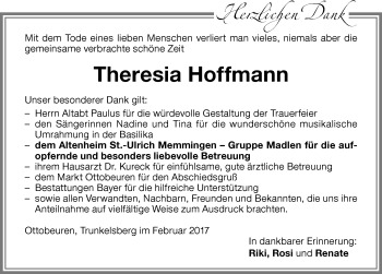 Traueranzeige von Theresia Hoffmann von Memminger Zeitung