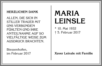Traueranzeige von Maria Leinsle von Allgäuer Zeitung