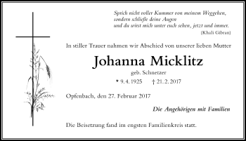 Traueranzeige von Johanna Micklitz von Der Westallgäuer