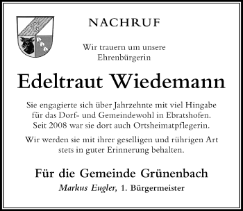 Traueranzeige von Edeltraut Wiedemann von Der Westallgäuer