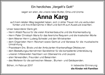 Traueranzeige von Anna Karg von Memminger Zeitung