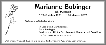 Traueranzeige von Marianne Bobinger von Allgäuer Zeitung, Kaufbeuren/Buchloe