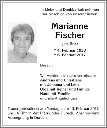 Traueranzeige von Marianne Fischer von Allgäuer Zeitung,Kempten