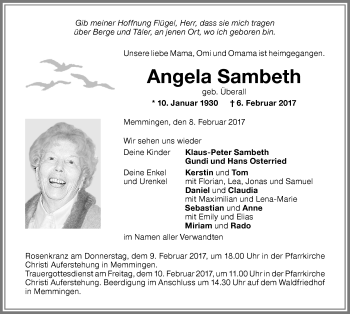 Traueranzeige von Angela Sambeth von Memminger Zeitung