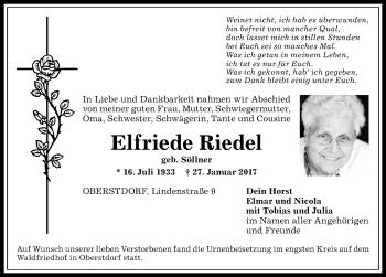 Traueranzeige von Elfriede Riede von Allgäuer Anzeigeblatt