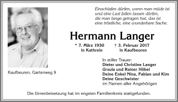 Traueranzeige von Hermann Langer von Allgäuer Zeitung, Kaufbeuren/Buchloe