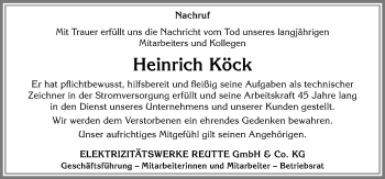 Traueranzeige von Heinrich Köck von Allgäuer Zeitung, Füssen
