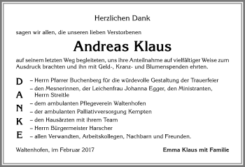 Traueranzeige von Andreas Klaus von Allgäuer Zeitung,Kempten