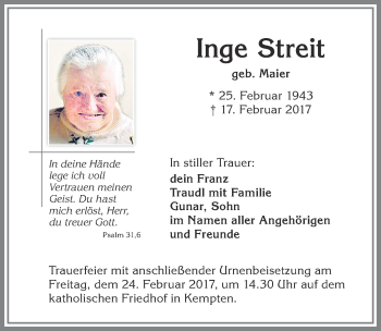 Traueranzeige von Inge Streit von Allgäuer Zeitung,Kempten