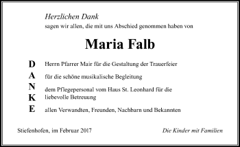 Traueranzeige von Maria Falb von Der Westallgäuer