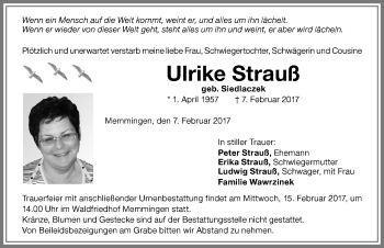 Traueranzeige von Ulrike Strauß von Memminger Zeitung