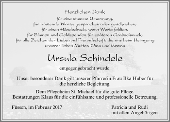Traueranzeige von Ursula Schindele von Allgäuer Zeitung, Füssen