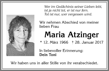 Traueranzeige von Maria Atzinger von Allgäuer Zeitung, Marktoberdorf