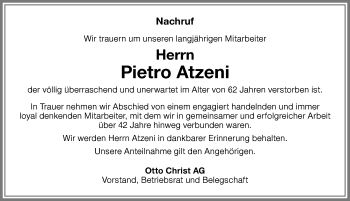 Traueranzeige von Pietro Atzeni von Memminger Zeitung