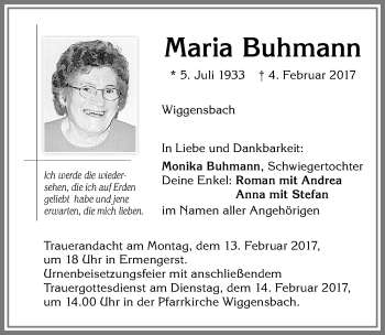 Traueranzeige von Maria Buhmann von Allgäuer Zeitung,Kempten