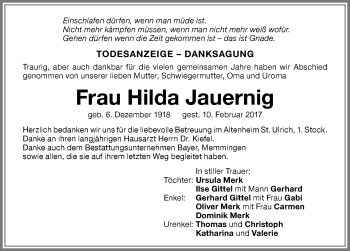 Traueranzeige von Hilda Jauernig von Memminger Zeitung