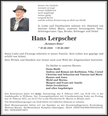 Traueranzeige von Hans Lerpscher von Allgäuer Anzeigeblatt
