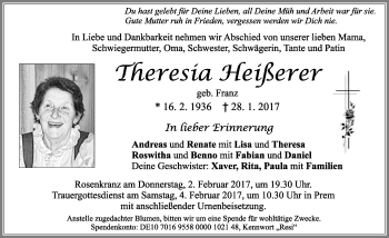 Traueranzeige von Theresia Heißerer von Allgäuer Zeitung, Füssen