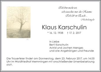 Traueranzeige von Klaus Karschulin von Memminger Zeitung