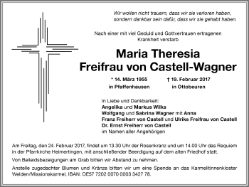 Traueranzeige von Maria Theresia Freifrau von Castell-Wagner von Allgäuer Zeitung