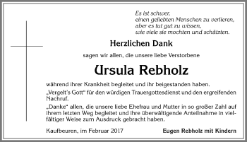 Traueranzeige von Ursula Rebholz von Allgäuer Zeitung, Kaufbeuren/Buchloe