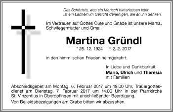 Traueranzeige von Martina Gründl von Memminger Zeitung