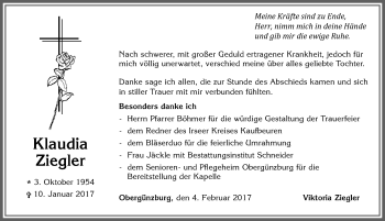 Traueranzeige von Klaudia Ziegler von Allgäuer Zeitung