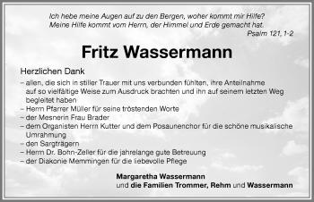 Traueranzeige von Fritz Wassermann von Memminger Zeitung