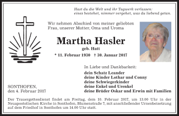 Traueranzeige von Martha Hasler von Allgäuer Anzeigeblatt