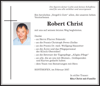 Traueranzeige von Robert Christ von Allgäuer Anzeigeblatt