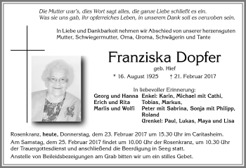 Traueranzeige von Franziska Dopfer von Allgäuer Zeitung, Füssen