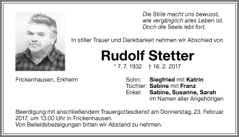 Traueranzeige von Rudolf Stetter von Memminger Zeitung